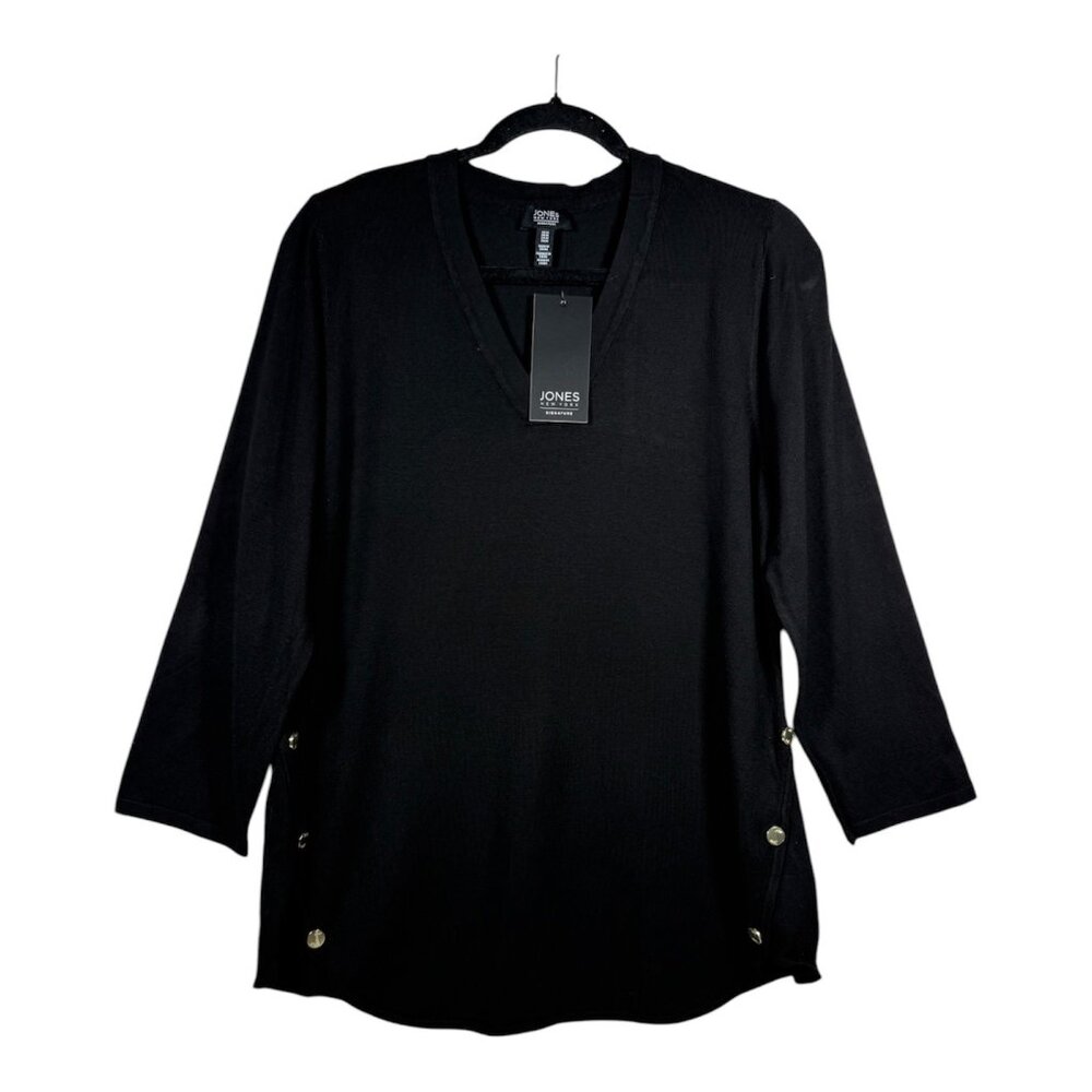 Jones New York Womens Black V-Neck Pullover Sweater With Gold Button Accents Siz